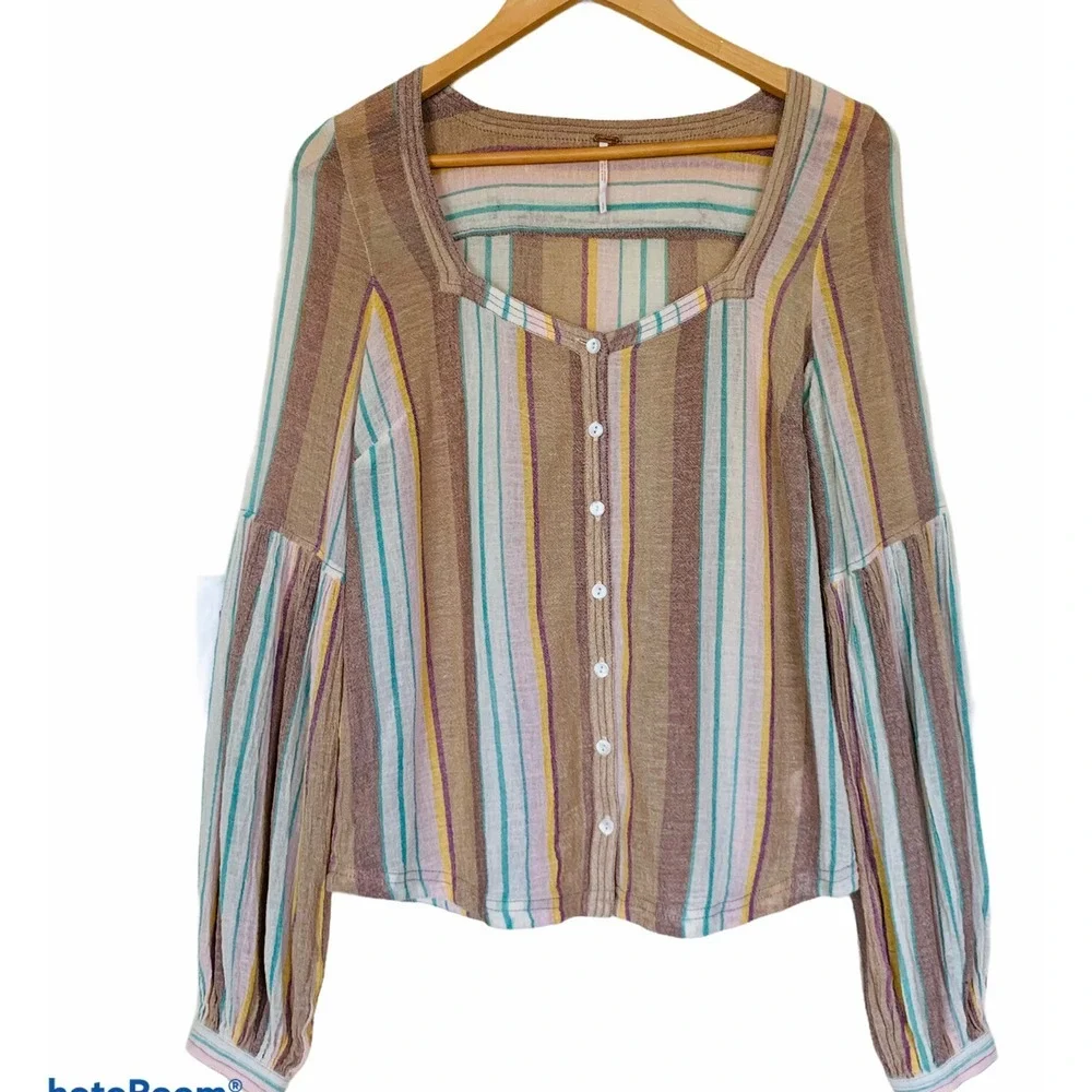 FREE PEOPLE Size S Gauze Button Down Stripe Cotton Blouse Wide Pleated Sleeve